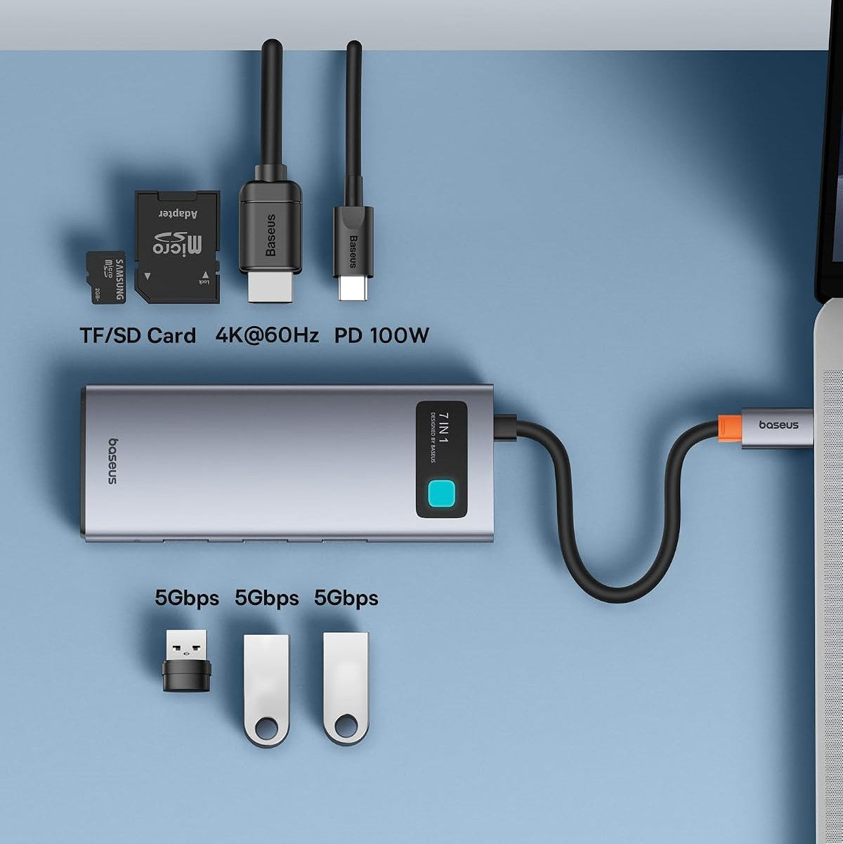 Baseus Hub USB-C 7 em 1 Adaptador com HDMI 4K@60Hz, PD 100W, 3 USB-A 3.0 5Gbps, Leitor Cartões SD/TF
