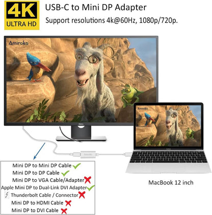 Adaptador USB-C para Mini DisplayPort, USB 3.1 Tipo C para Mini DP compatível com 4K, 1080P