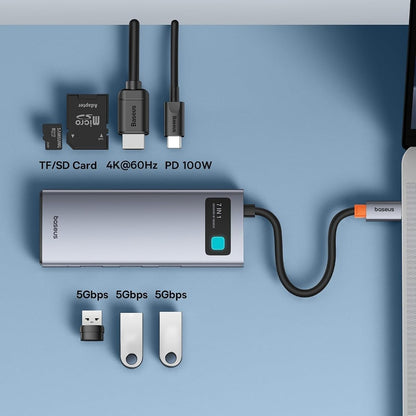 Baseus Hub USB-C 7 em 1 Adaptador com HDMI 4K@60Hz, PD 100W, 3 USB-A 3.0 5Gbps, Leitor Cartões SD/TF