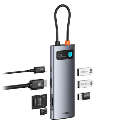 Baseus Hub USB-C 7 em 1 Adaptador com HDMI 4K@60Hz, PD 100W, 3 USB-A 3.0 5Gbps, Leitor Cartões SD/TF