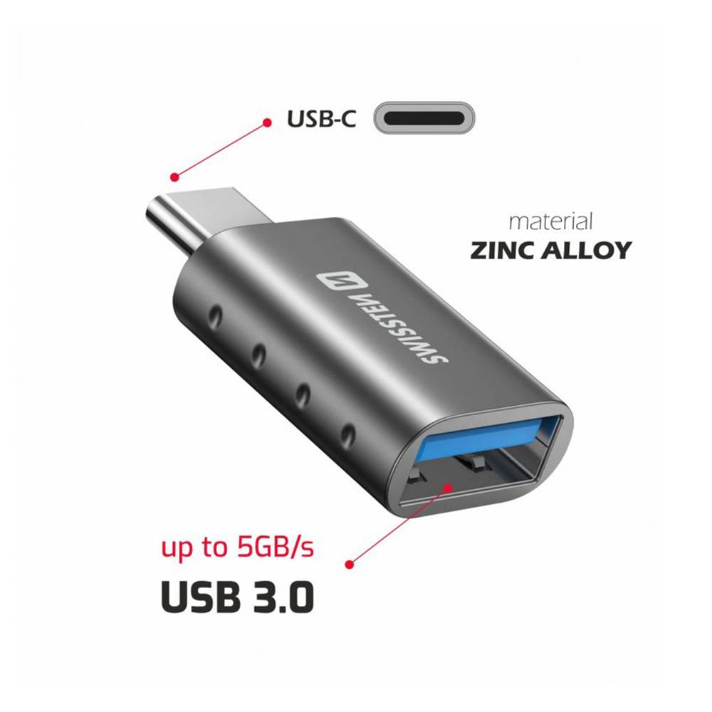 Adaptador Swissten USB-A para USB-C 3.0 Cinzento